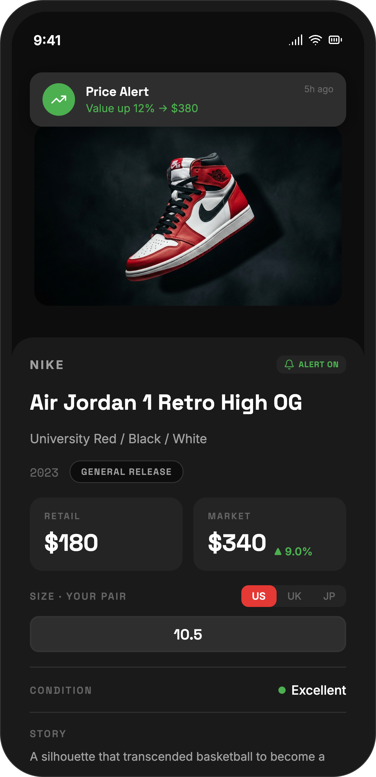 Vault price alert — Air Jordan 1 Retro High OG with a live market value alert