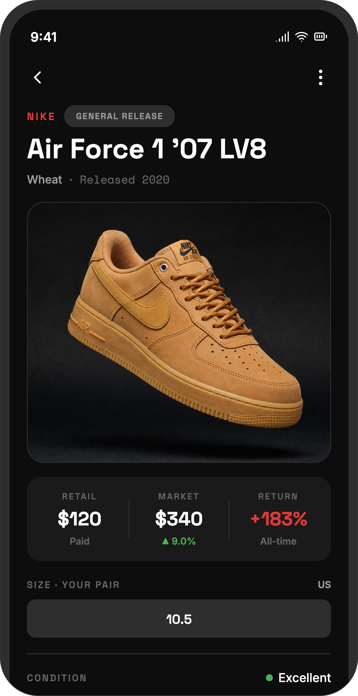Vault sneaker detail — Air Force 1 '07 LV8 with retail, market value and 12-month price trend